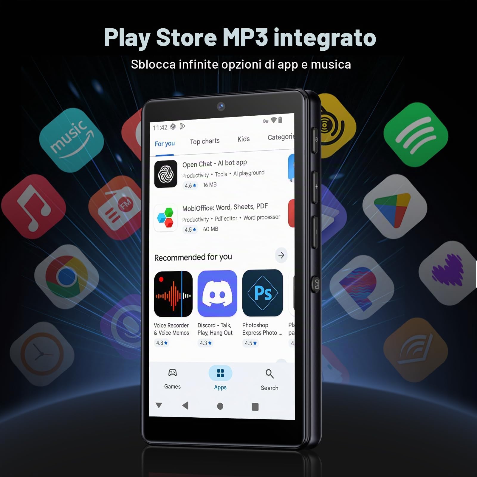 32GB Lettore MP3 con Bluetooth e WiFi, Fotocamera, Oilsky 4,02" Android 13 Lettore Musicale HD con Spotify, Audible, Deezer, MP3 MP4 Touchscreen e Altoparlanti