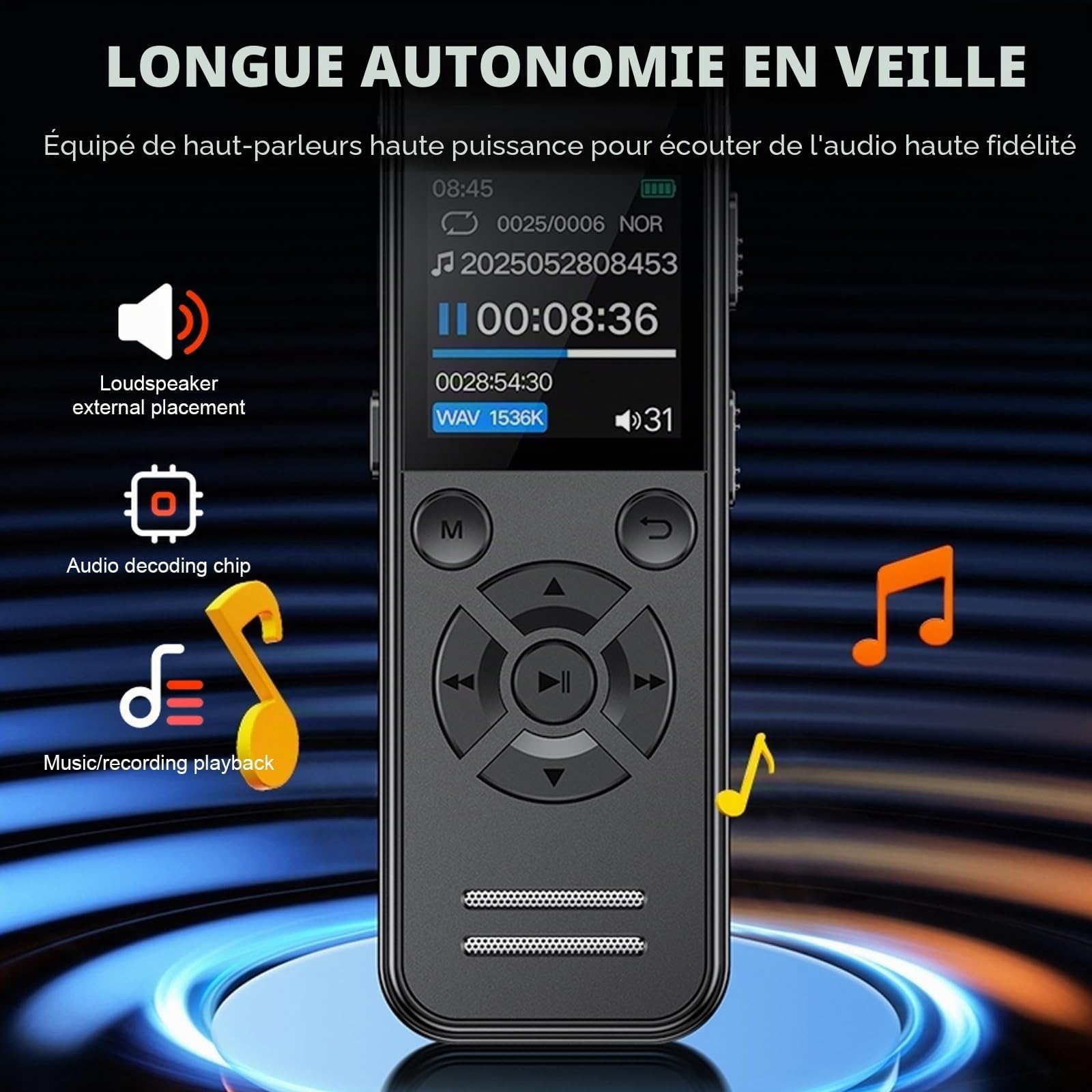 Dictaphone Enregistreur Vocal 64 Go, Mini Enregistreur Audio Numérique 1536 Kbps avec Écran TFT, Enregistreur de Voix USB-C Rechargeable pour Réunions, Cours et Interviews
