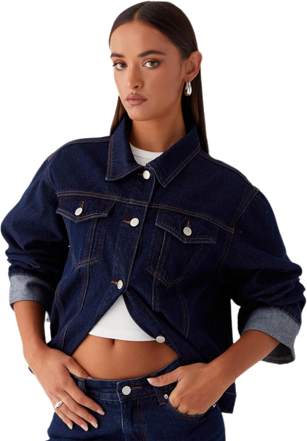 Women's Classic Collared Folded Cuffs Dark Indigo Denim Jacket