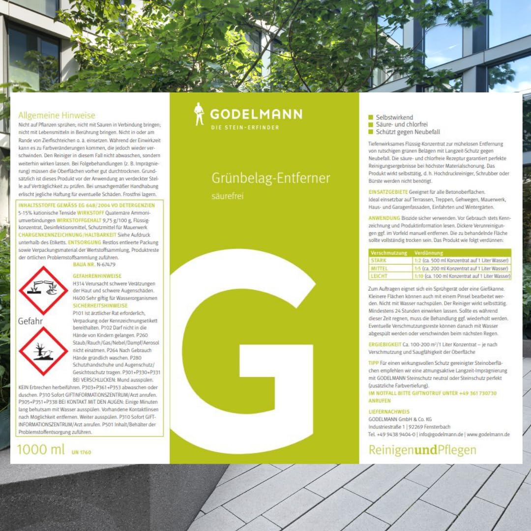 Steinreiniger außen | Grünbelag-Entferner | Entfernt Moos, Algen & Schimmel von Pflastersteinen, Terrassen & Mauersteinen | säure- und chlorfrei 1,0 l
