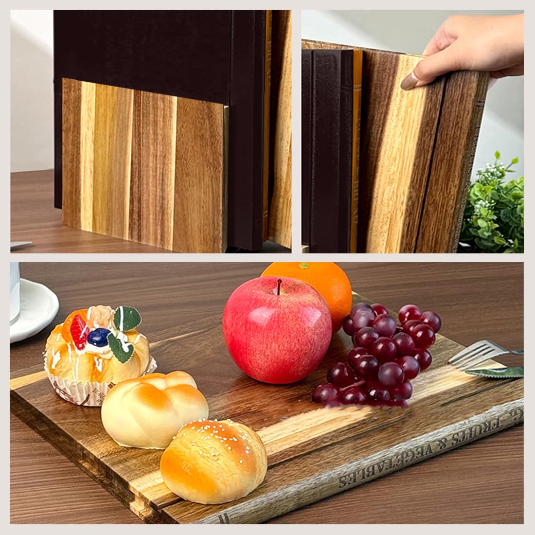 Schneidebrett Holz Buchoptik, Book Cutting Board mit Ständer, Holzschneidebrett, Das Sieht aus wie Bücher, Geeignet für Käse, Brot, Fleisch und Gemüse (Dreiteiliges Set + Ständer (3 * Schneidebrett))