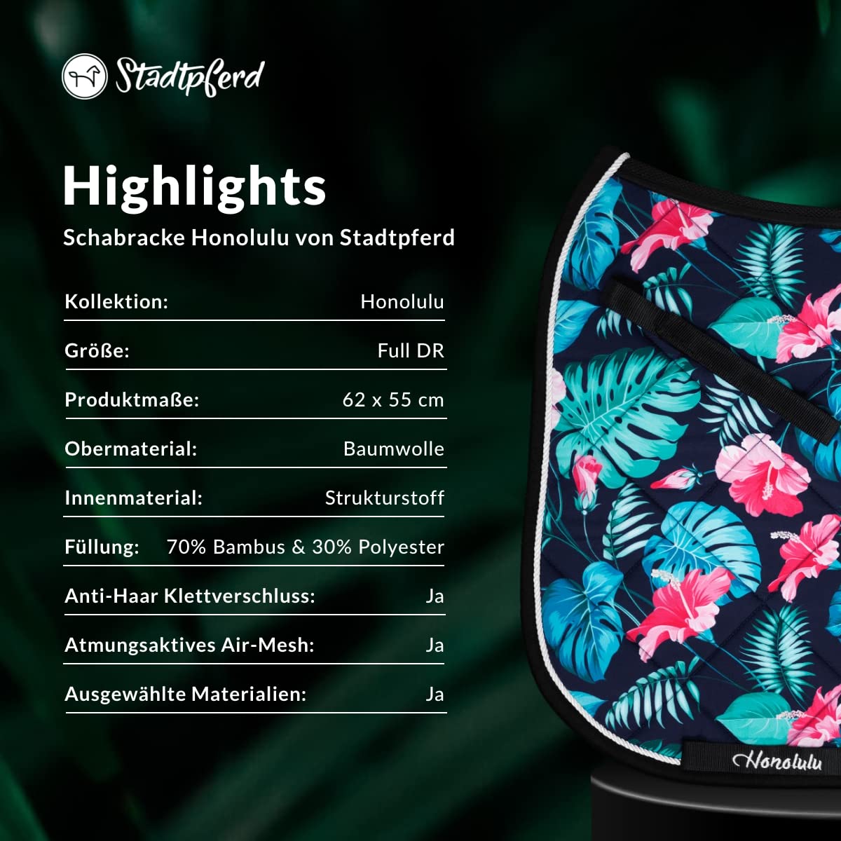 Premium Schabracke Honolulu ✓ Air-Mesh Technologie ✓ Füllung 70% Bambus & 30% Polyester ✓ Anti-Haar Klettverschluss • Schabracke Dressur - Schabracke Pferd - Schabracke Set - Schabracke blau