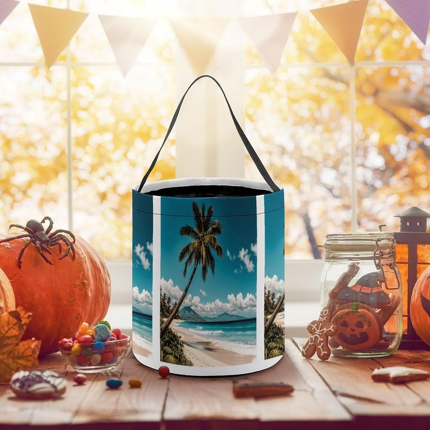 Reusable Beach Palm Tree Halloween Candy Basket with Handle image 5