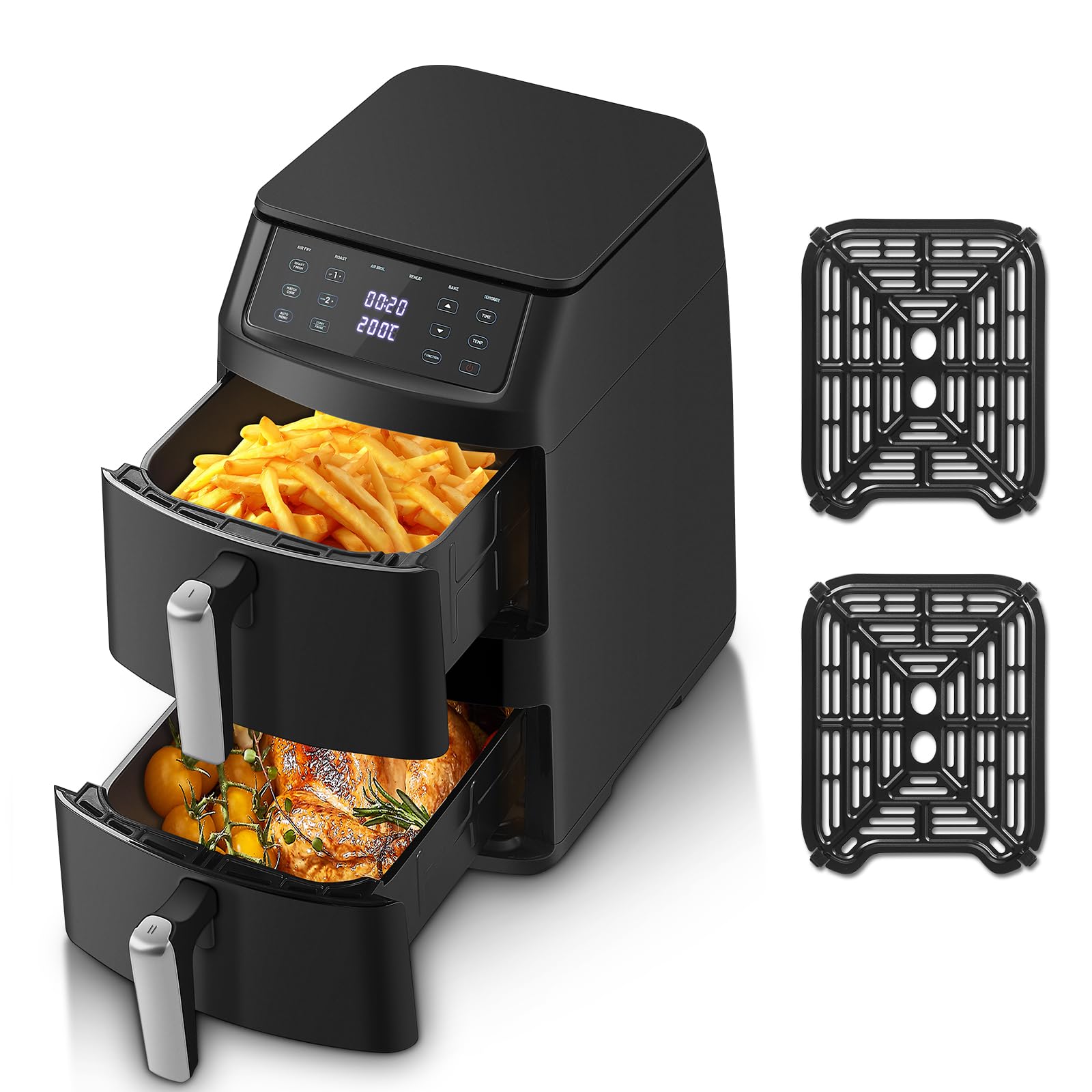 TopStrong Friggitrice ad Aria Doppio Cestello, 11 Litri Verticale Air Fryer 2 Cestelli, 40-220℃, 6 Funzioni & 8 Programmi Di Cottura Automatici, Dietetica, Compatta, 2500W, Fino a 8 Persone, Nero