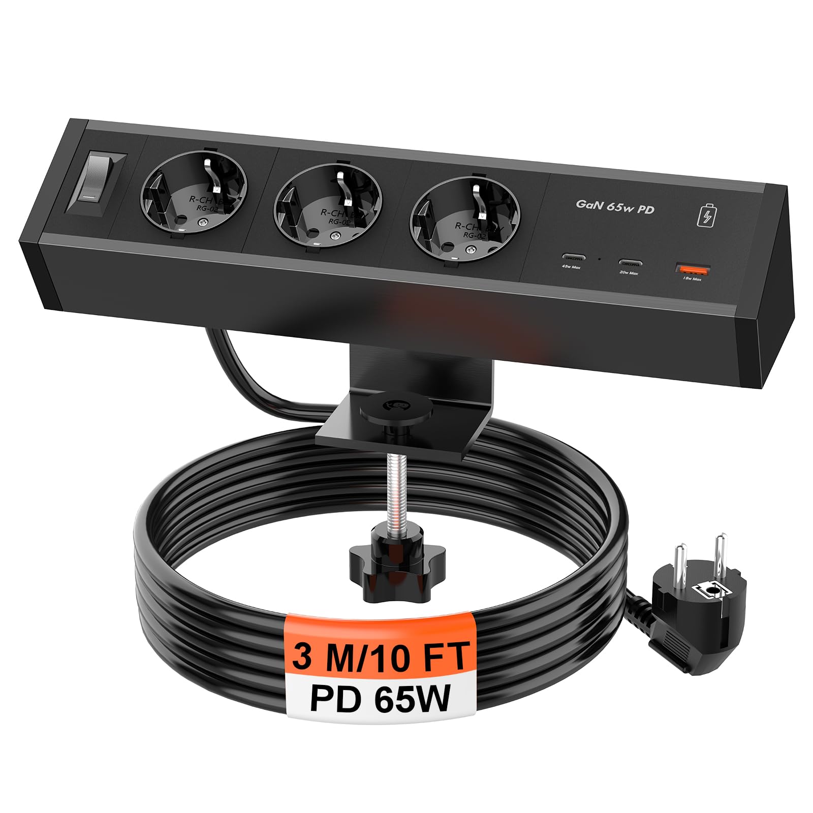 HANNELORE Presa da Tavolo con 2 USB C PD 65W, Alluminio Presa Multipla da Tavolo a 3 Vie Cavo 3 m, Presa da Tavolo Presa Multipla per mobili o Piani di Lavoro
