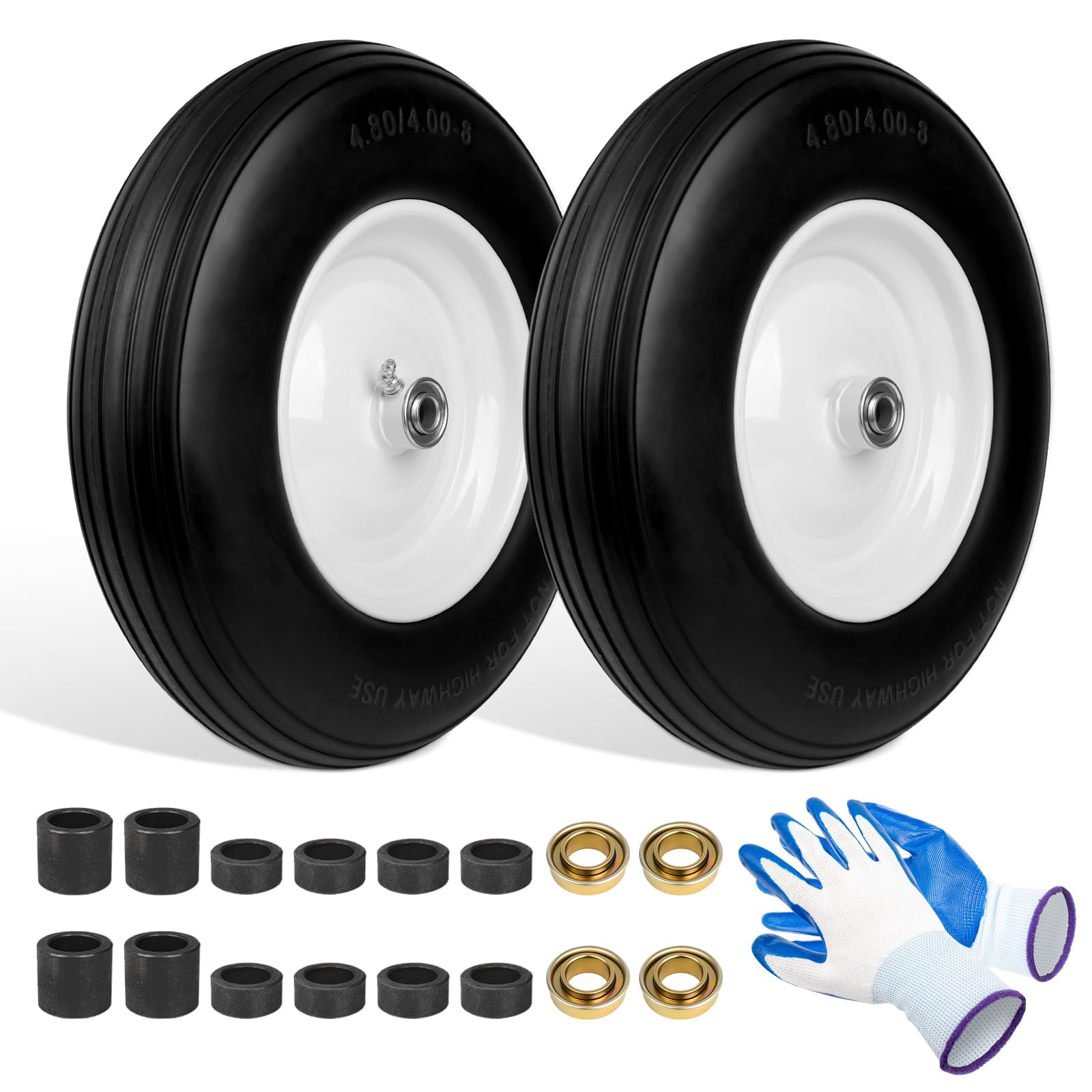 14.5'' wheelbarrow tires, 4.80/4.00-8 solid flat free tire wheel with 3/4" & 5/8" bearing, 3"-7'' hub, universal replacement solid tire for hand truck/utility cart fits 3.50/2.50-8, 4.00-6 (2 pack)