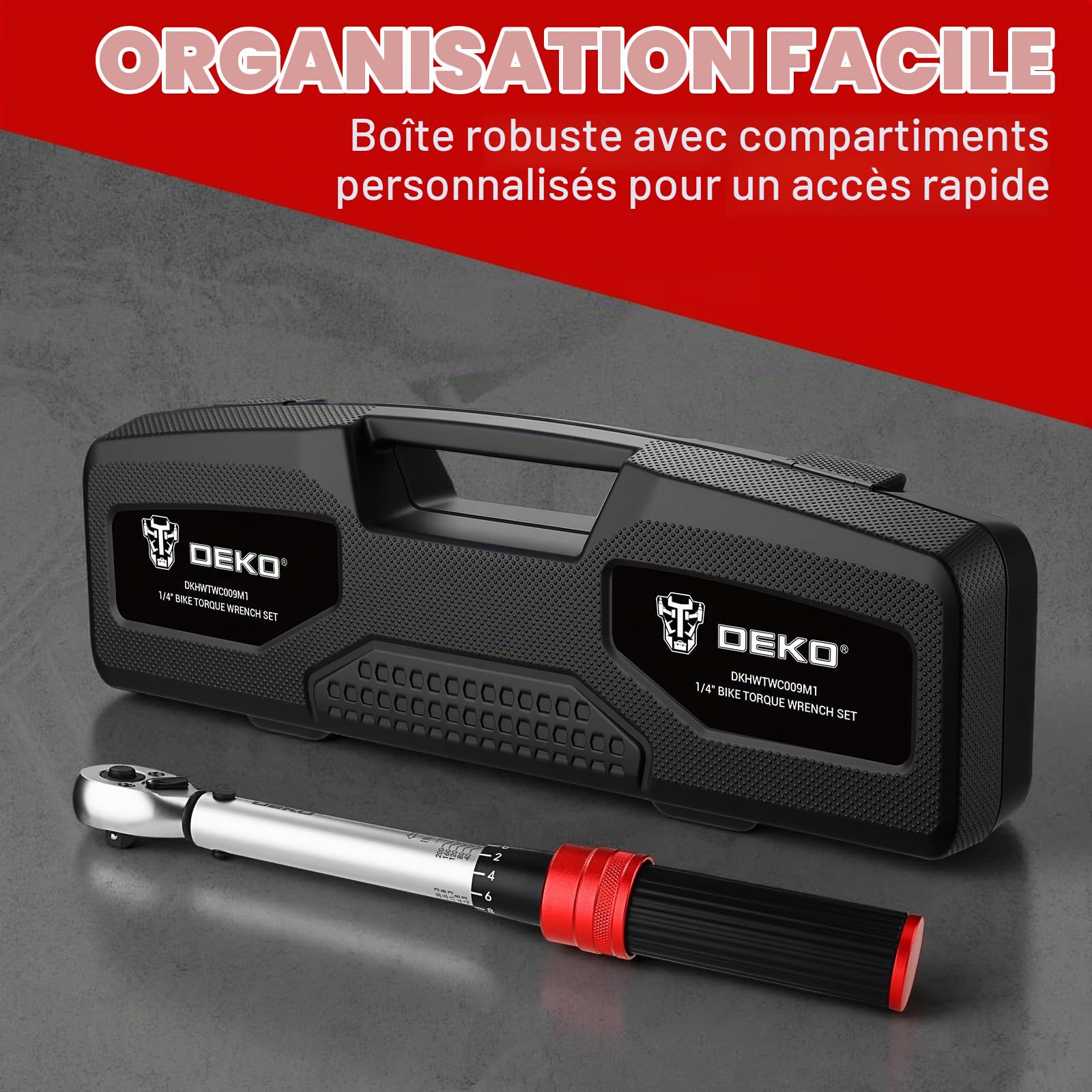 DEKOPRO Clé dynamométrique 1/4" 200 lb-in Clés Dynamométriques 72 Dents ±3%, 3/8" Adaptateur, Joint Universel et Ensemble Complet d'Accessoires