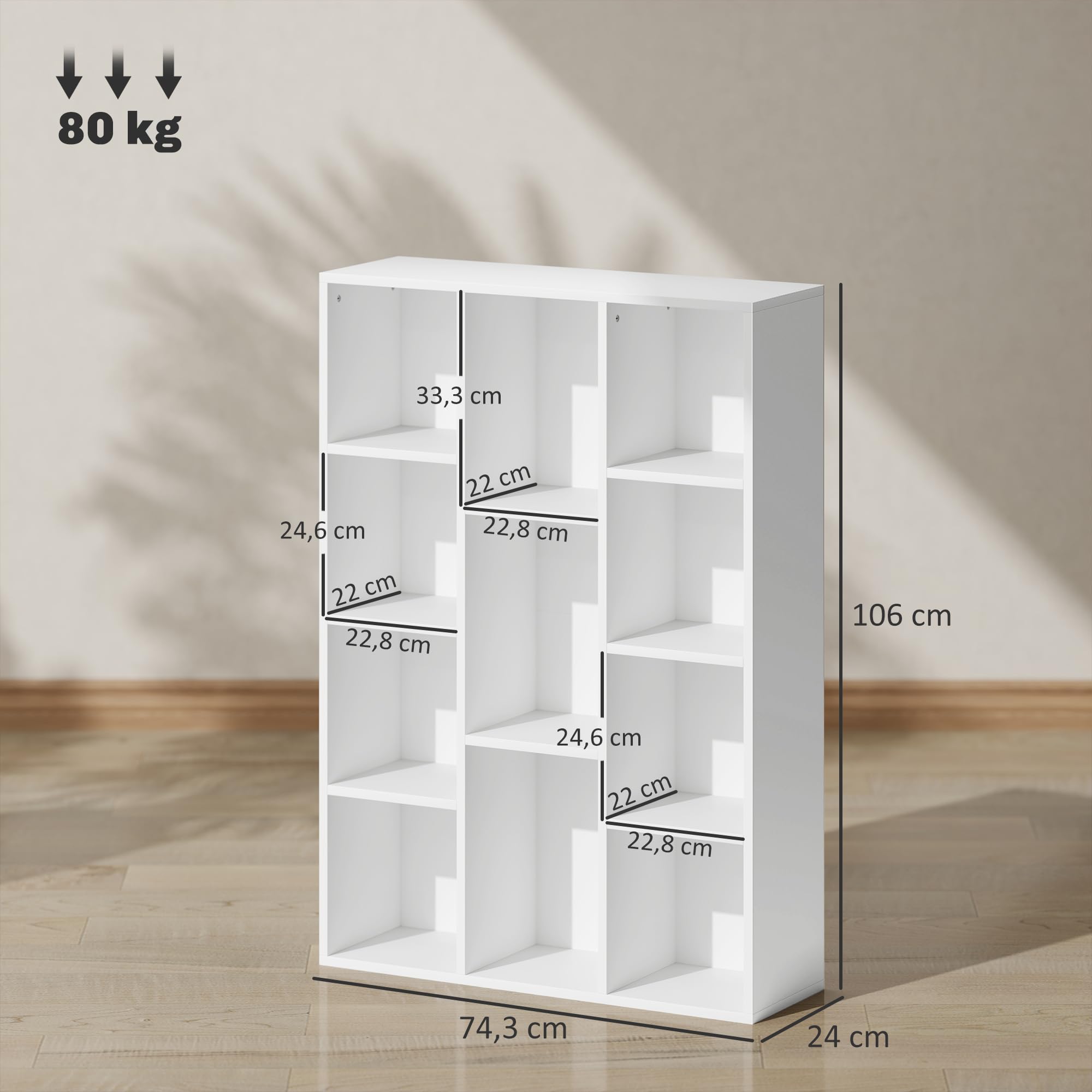 HOMCOM Librería de 4 Niveles con 11 Compartimentos 74,3x24x106 cm Blanco