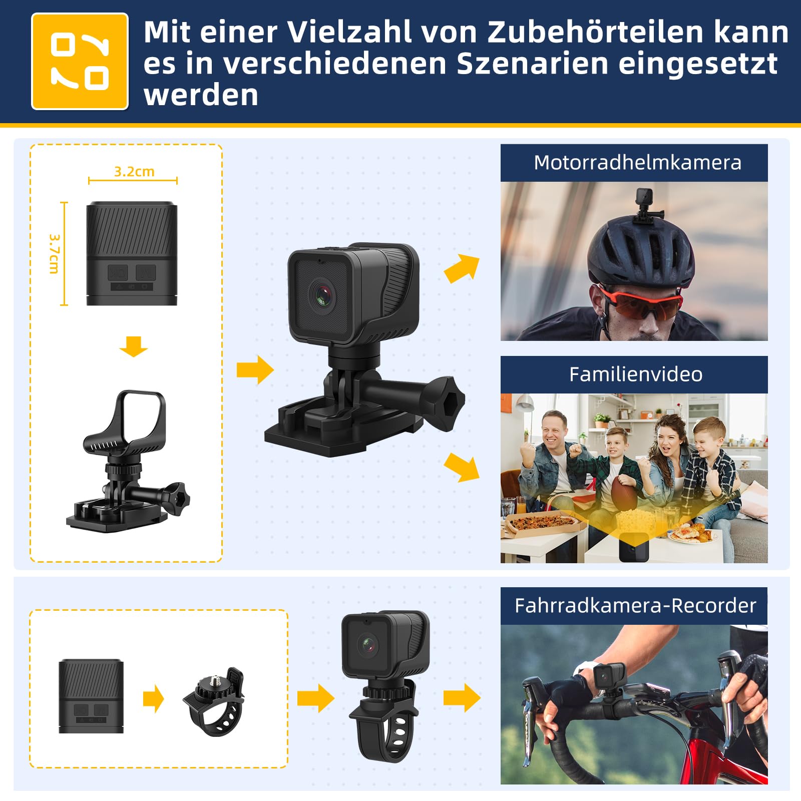 AIKER Mini Action Cam,Verbesserte Version Dashcam Fahrrad,Clever und einfach und Echtzeit-Pegelkorrekturfunktion helmkamera,WiFi 1080P HD&120°Weitwinkel Action Kamera,Mit 64GB Speicherkarte