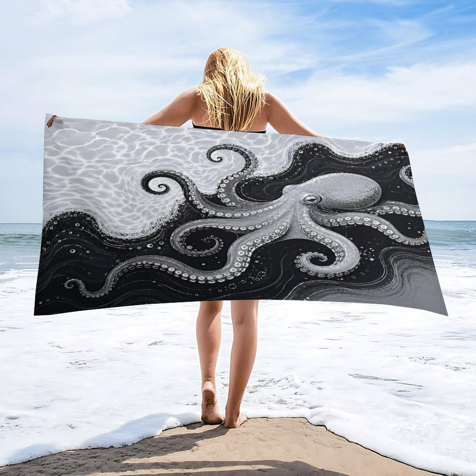Anceky Octopus Sea Wave Beach Towel 30"×60",Soft Microfiber Bath Towel Shawl, Quick Dry Absorbent Pool Spa Gym Shower Towel