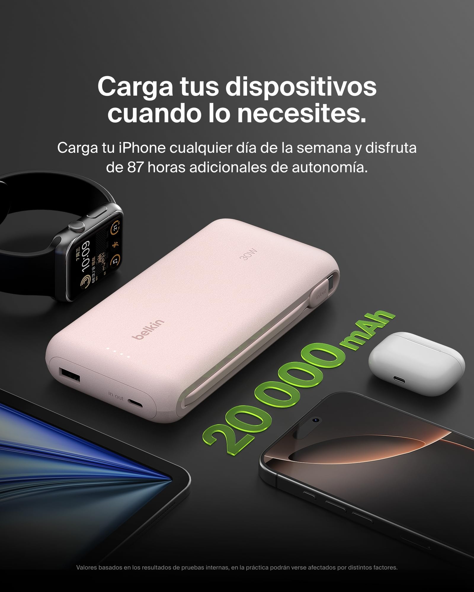 Belkin BoostCharge Batería Externa 20000 mAh con Cable USB-C - Rosa | Power Bank de 20000 mAh, 1 puerto y 1 cable USB-C y 1 puerto USB-A, 30 W, LED, Apta como Equipaje de Mano y Precargada