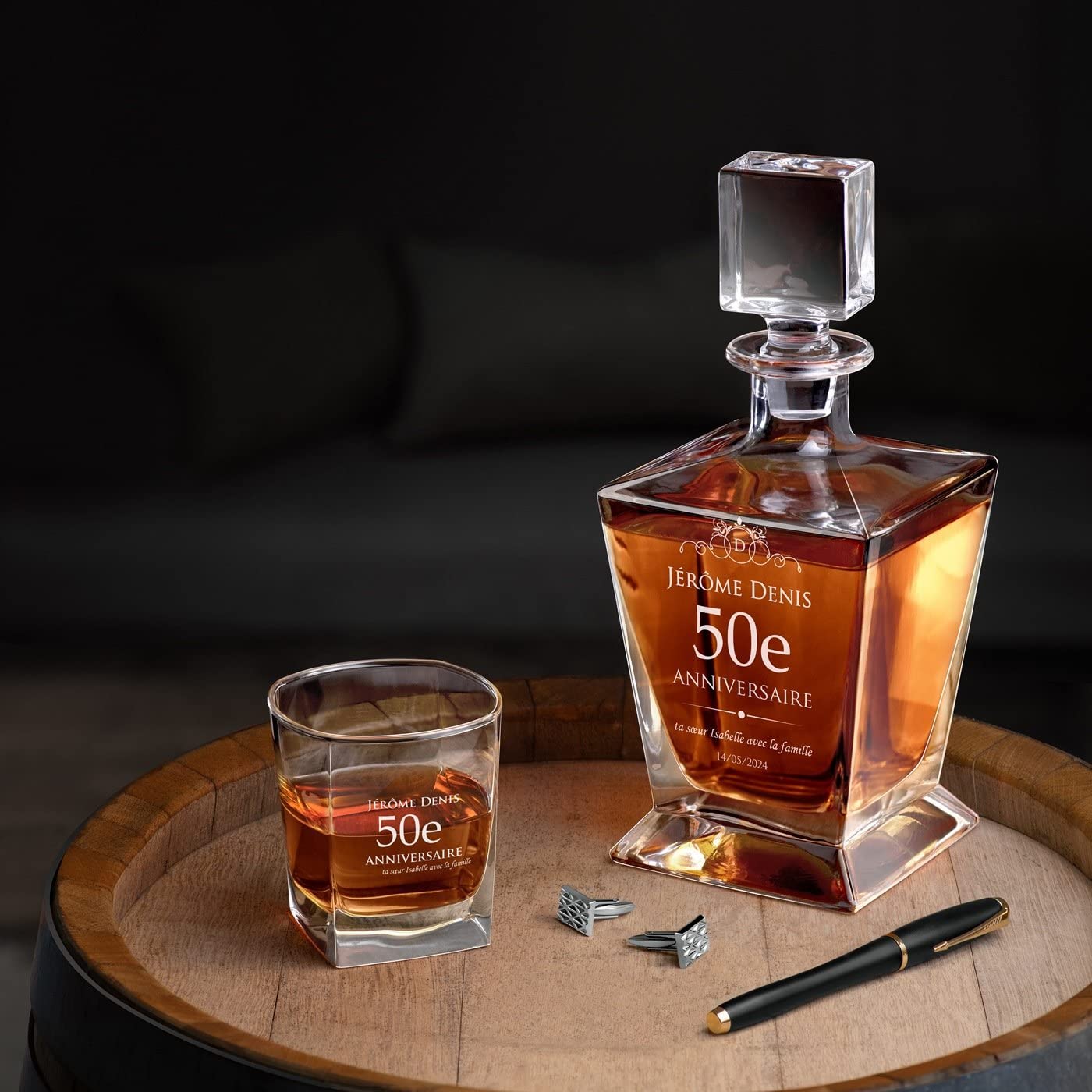 Maverton Ensemble de Carafe et 2/4 / 6 verres à whisky avec personnalisation - Set en verre transparent pour homme - pour anniversaire - pour lui - pour dégustation de whiskey - 50 ans