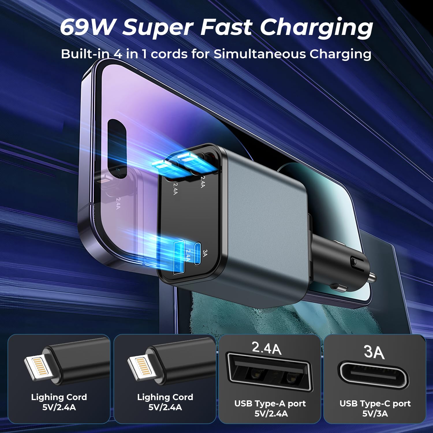 Retractable Car Charger 4-in-1, Fast Car Phone Charging with Dual 2.6ft for iPhone Cables Cords, Dual USB Ports, Car Truck Organization Adapter Accessories for Men, Women,Android-Sliver