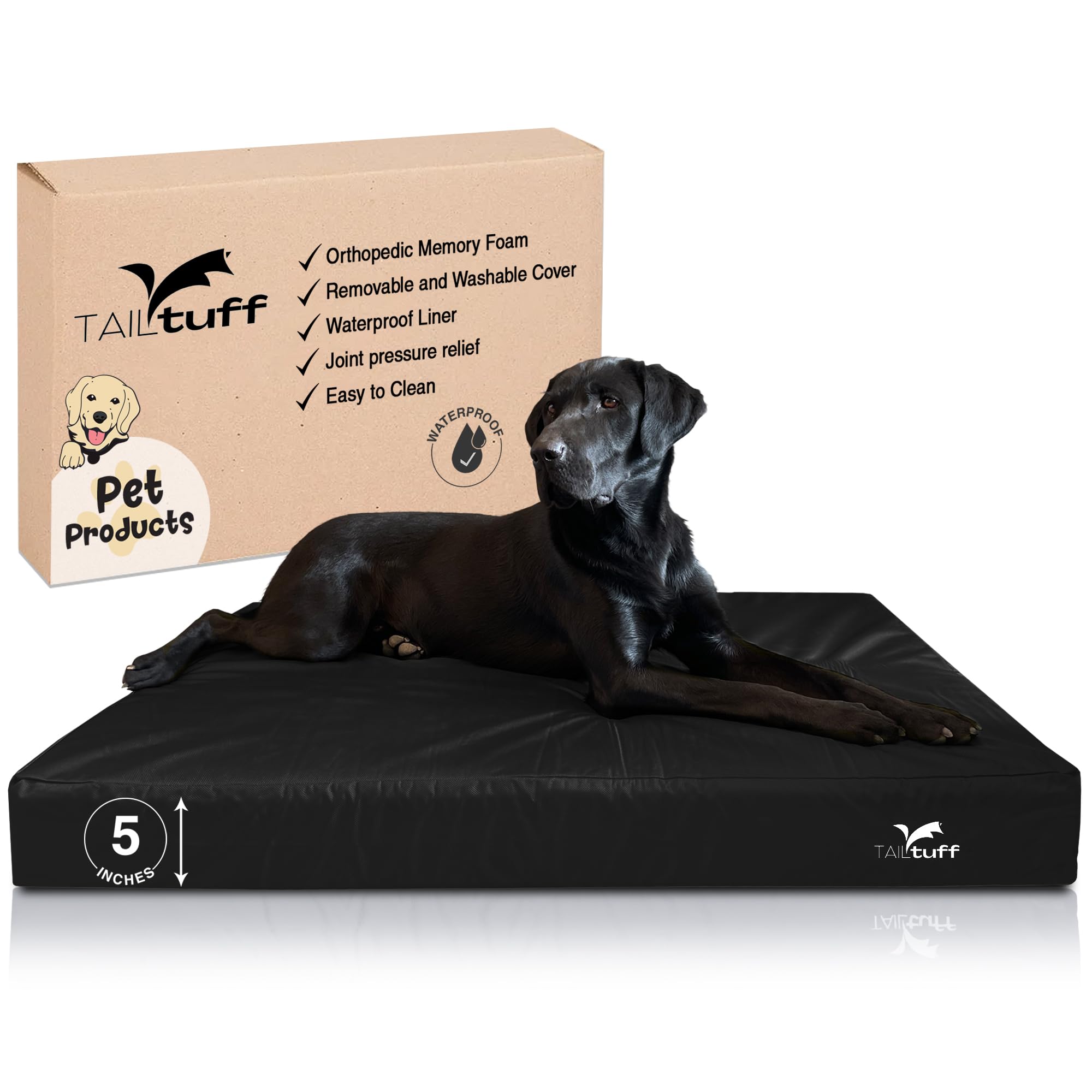 Tail Tuff Elevated Dog Bed | Orthopedic Memory Foam | Large and Medium Dogs | Removable and Washable Cover | Waterproof Liner | Large Black