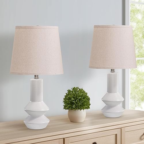 Miniatura 8 de Juego de 2 lámparas de mesa de cerámica blanca de 24.75 pulgadas, juego de 2 lámparas blancas minimalistas modernas para sala de estar, dormitorio y