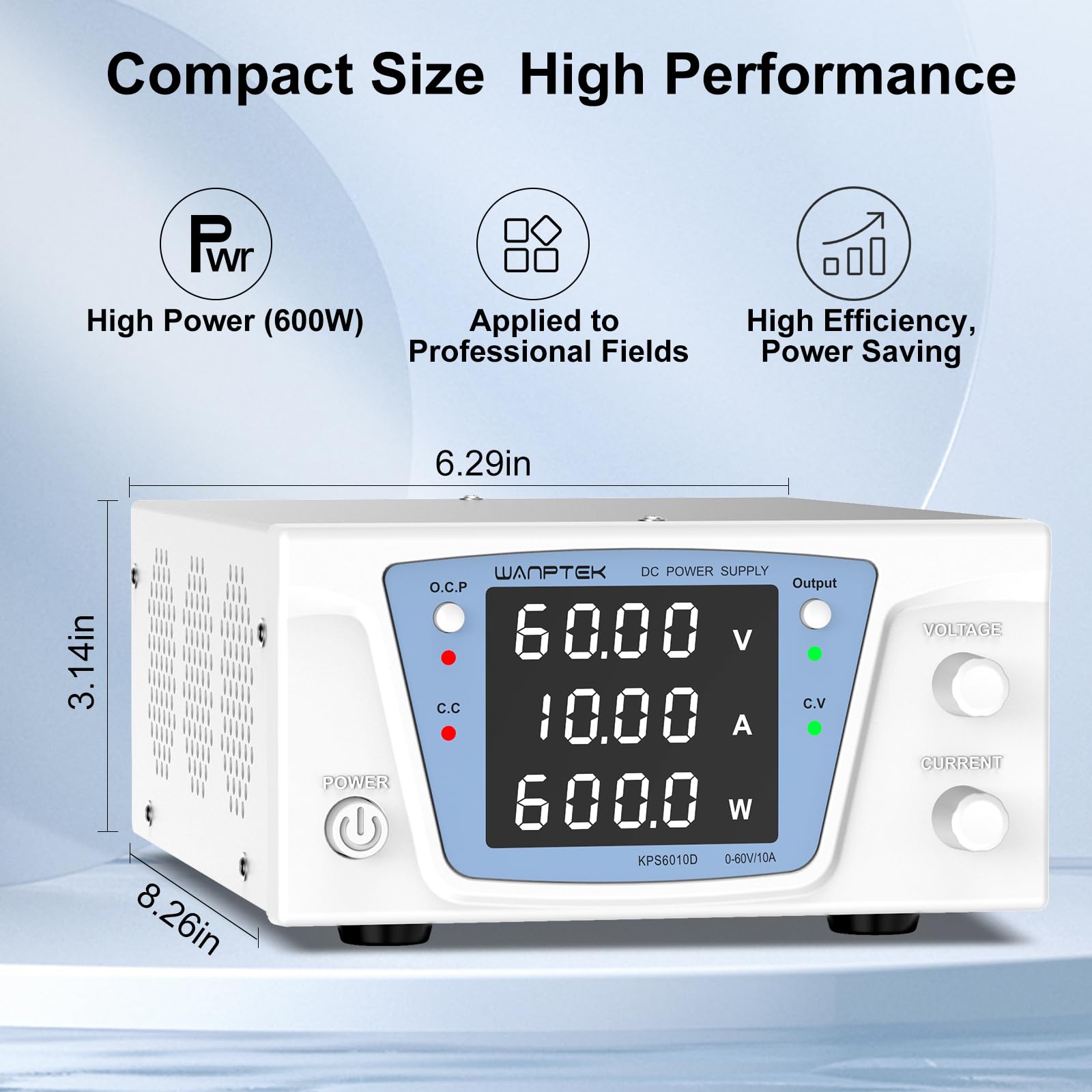 Alimentatore da Laboratorio 60V 10A 600W, Alimentatore da Banco DC Regolabile ad Alta Potenza, Display LED 4 Cifre ad Alta Precisione, Controllo Encoder e Pulsante Output
