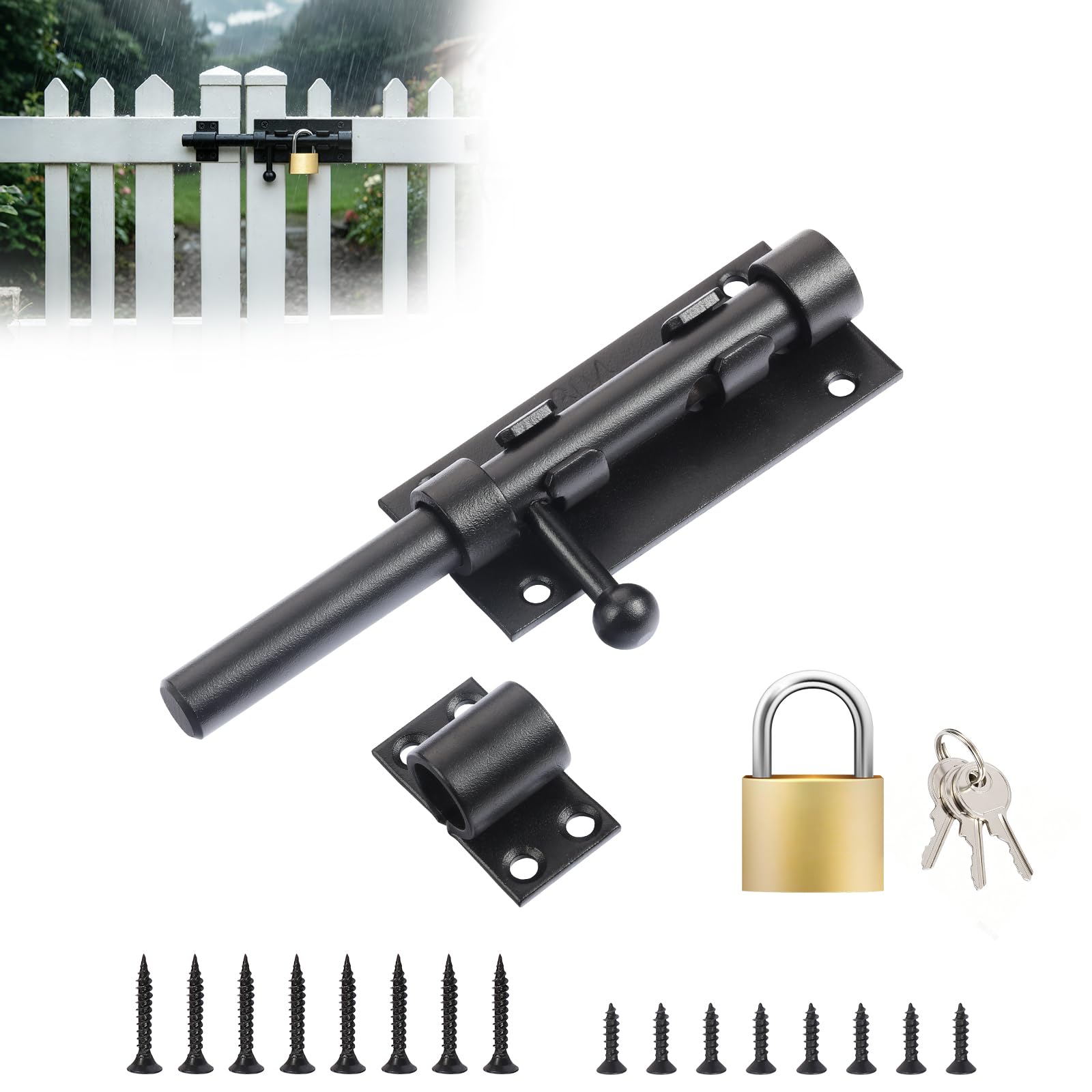 Slide Gate Latch Bolt 6"(160mm), Door Lock Bolt with Padlock & Screws