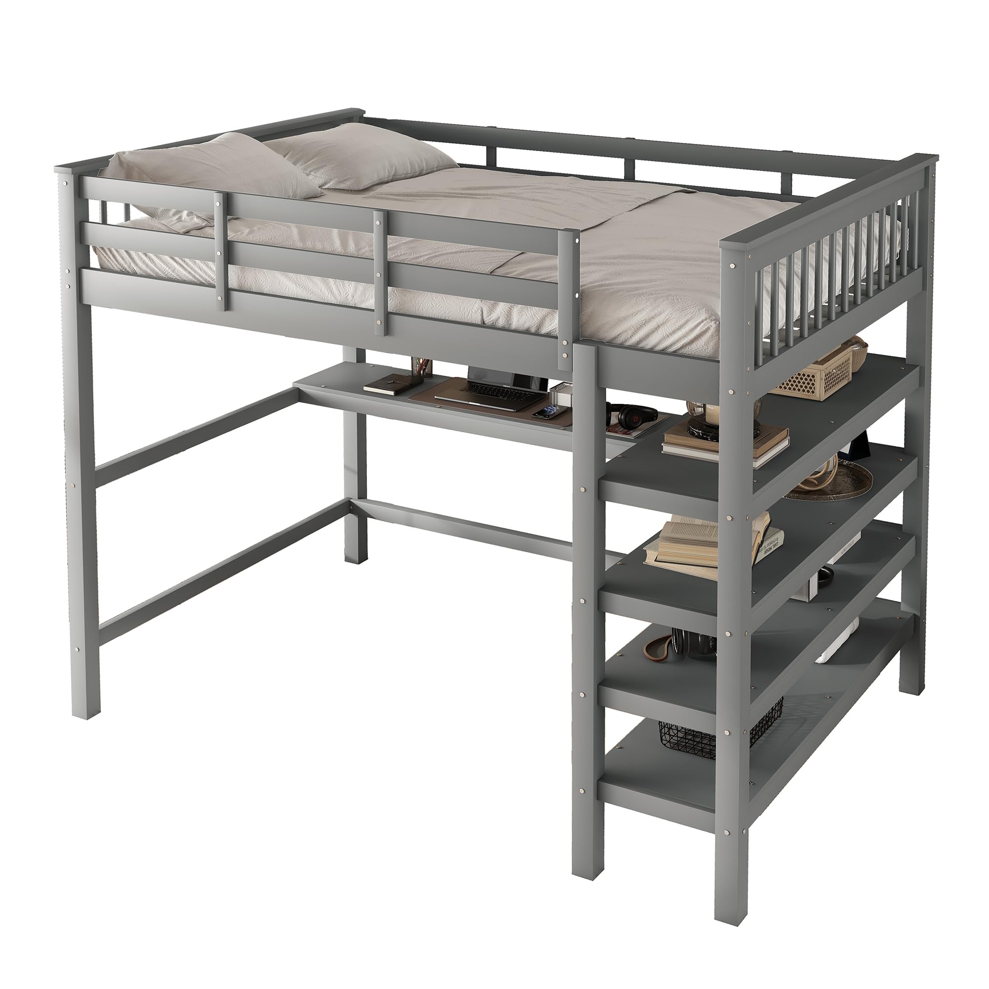 Mezzanine Enfant Merax 140 x 200 cm, Lit Bébé avec Compartiments de Rangement et Bureau, Lit Double Bois Anti-Chute, Gris