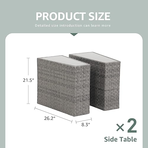Miniatura 3 de SUNSITT Mesa auxiliar de mimbre de resina de ratán PE para patio, paquete de 2 mesas auxiliares de cuña para sofá con parte superior de vidrio