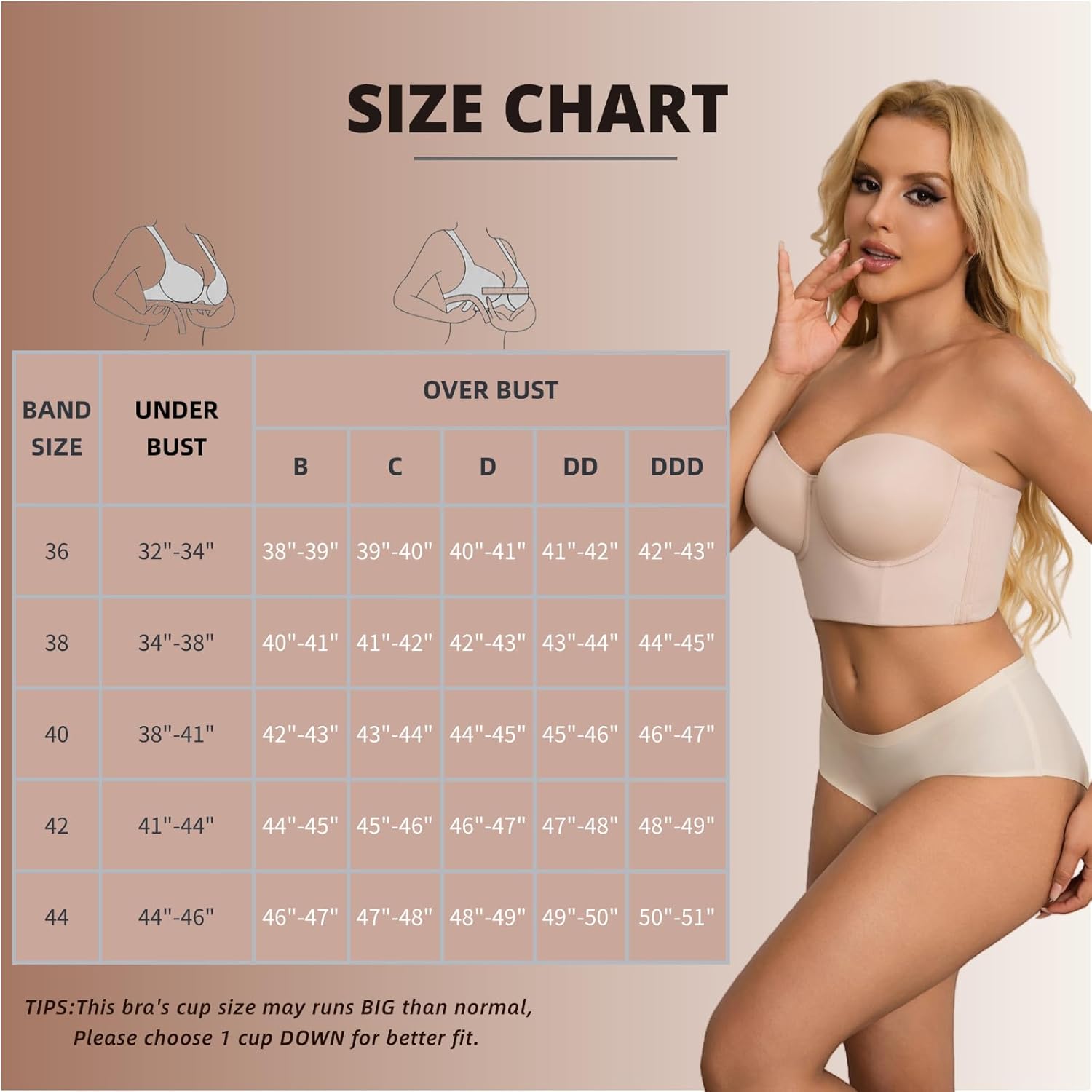 Strapless Bras for Women Push up Bra No-Slip Silicone Strip Hide Back Fat Bra (36B-44DD) - Image 6
