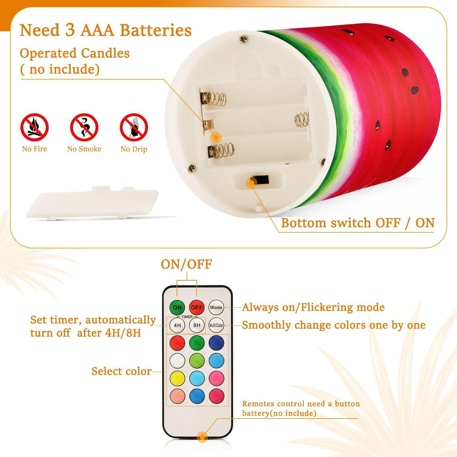 Eionryn Red Watermelon Flameless Candles Summer Tropical Fruits Battery Operated LED Candles with Remote Timer Electric Candles for Home Party Decor 2pcs