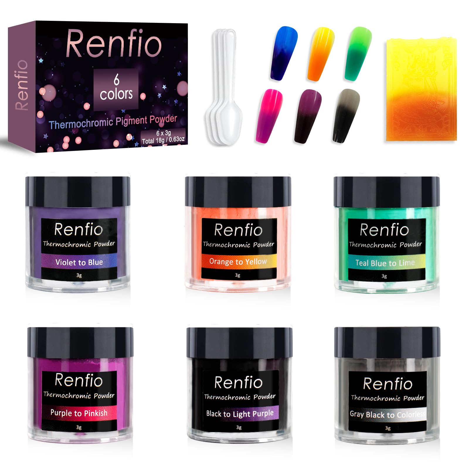 Renfio 6 Colors Thermochromic Pigment Powder,18g/0.63oz Color Changing Powder Temperature Activated at 88/31,Thermochromic Pigment 3g Each for Epoxy Resin,Slime,Nail,Tumblers,Paint,Fabric,Dye