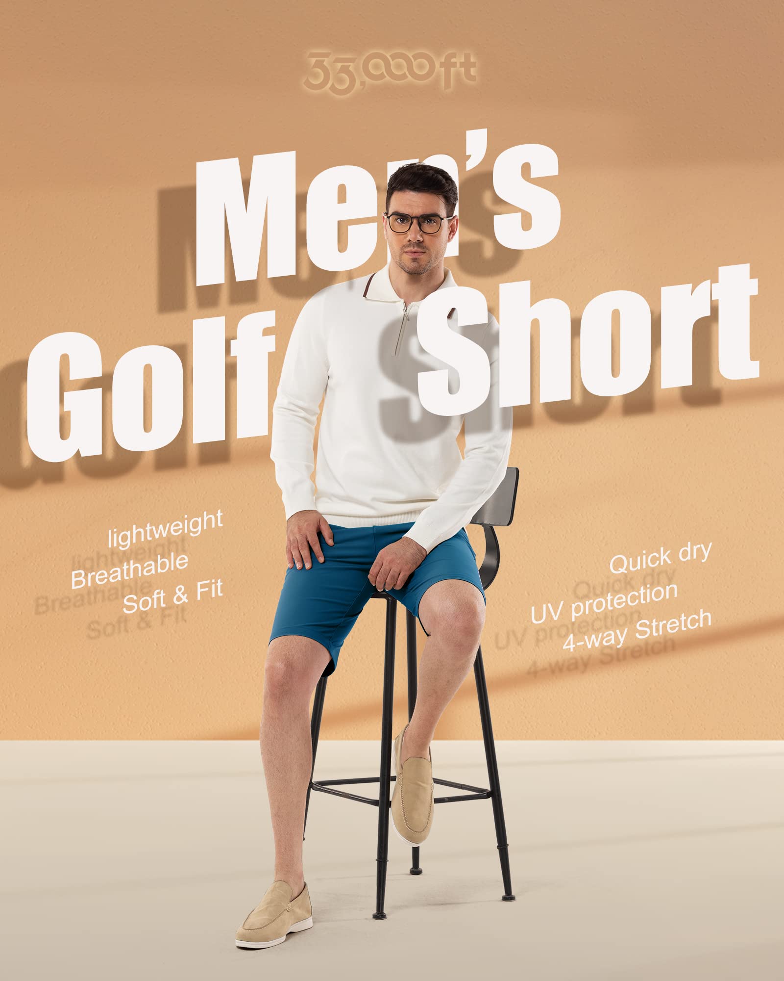 33,000ft Hommes Short de Golf, Short d'extérieur UPF 50+, Short de Randonnée Léger et Extensible à Séchage Rapide, Short de Golf Décontracté pour Homme d'affaires