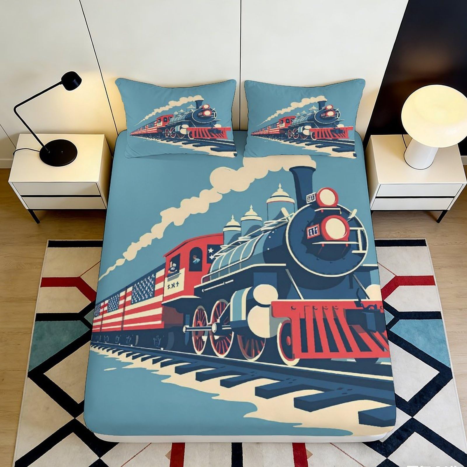 3D Printed Vintage Train Fitted Sheet Microfiber Soft Durable American Flag Bed Cover for Bedroom Dormitory Guest Room Mattress Protection 120x200x25cm