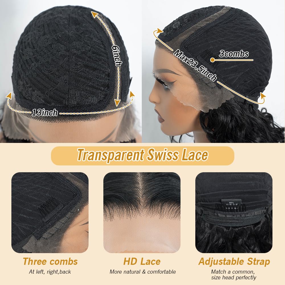 Lockige Echthaar Perücke Damen Curly Human Hair Wigs C Parted HD Lace Front Short Water Wave Bob Wig Side Part 150% Density (1B, 12 INCH)