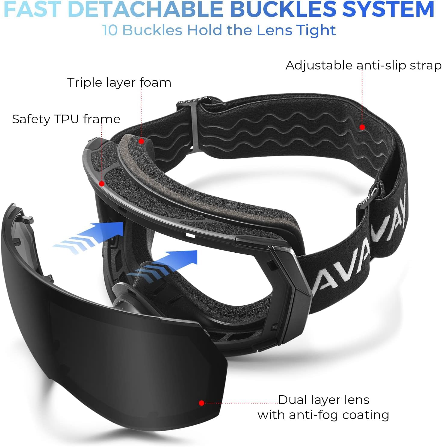 AVAWAY Masque de Ski Homme Femme Lunettes de Ski Lentille magnétique UV Protection Remplaçable, résistant à l'eau, au brouillard et au vent, Solide et sûr, Ski Snowboard Autres Sports Hiver