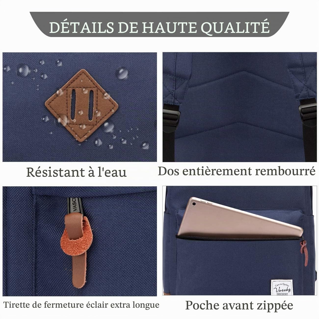VASCHY Sac à dos pour homme et femme Sac à dos d'écolier Sac à dos pour ordinateur portable Sac à dos de loisirs