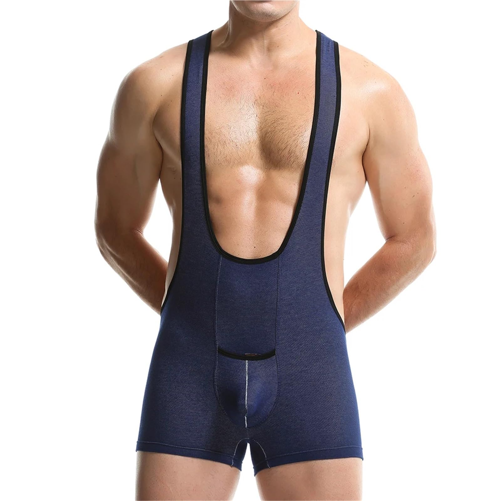XUANFXPJ Men Undershirts Wrestling Singlet, Boxers Penis Pouch Gay Jumpsuits Leotard Fitness Bodysuit(Navy,L)