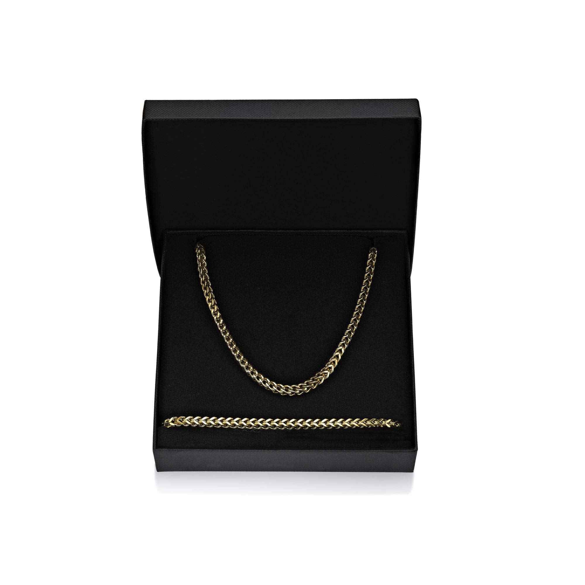 Metro Jewelry Schmuckset für Herren, 55,9 bis 61 cm lang, dick, Fuchsschwanzkette und Armband, aus Edelstahl mit Gelbgold, Antik- oder Schwarz-Ionenbeschichtung, 4 mm breit