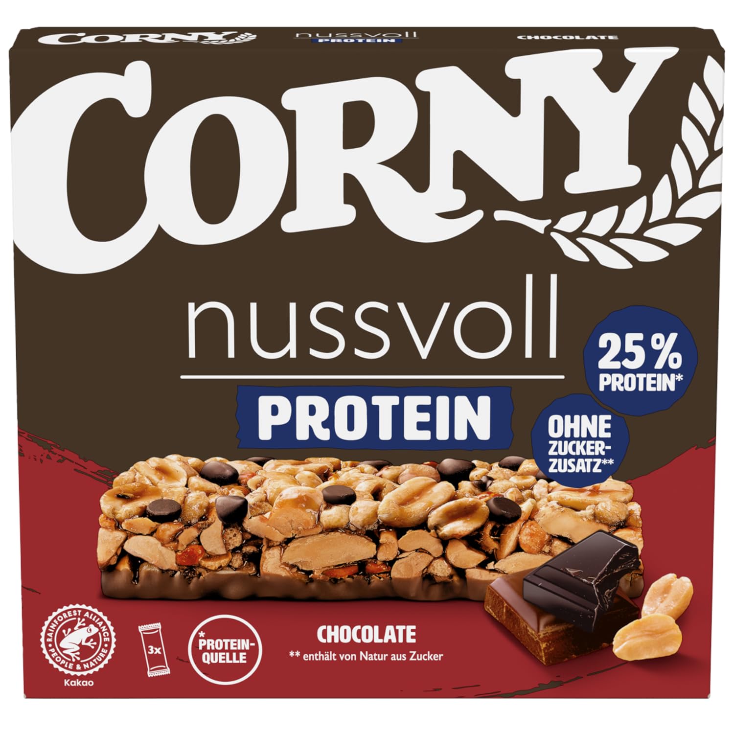 Corny Nussvoll Protein Chocolate | Nussriegel & Proteinriegel ohne Zuckerzusatz | Mit 38% Nüssen & 25% Eiweiß | 3 x 35 g