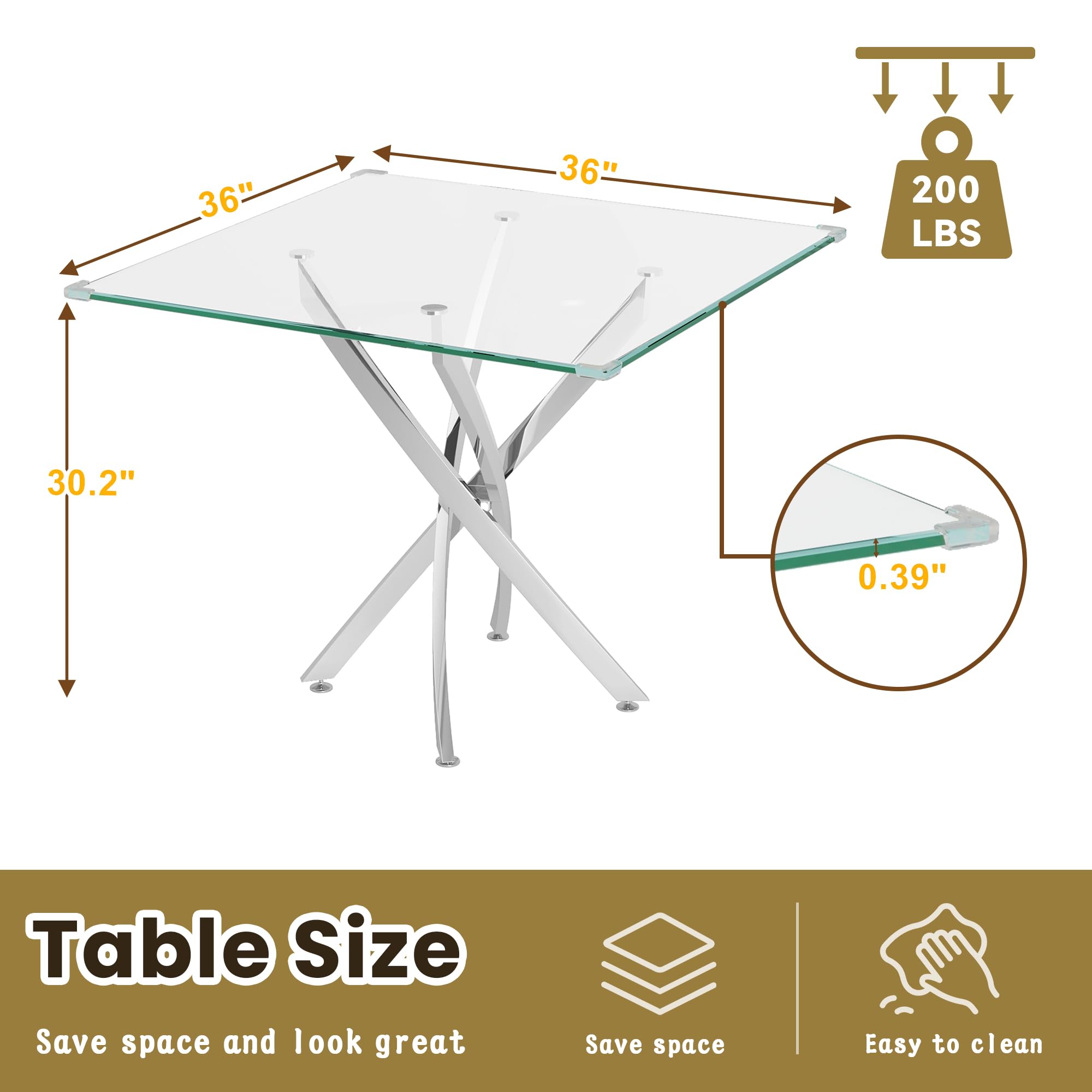 Tavolo da pranzo quadrato in vetro da 91,4 cm, moderno tavolo da pranzo da cucina per 4 persone, con piano in vetro temperato e gambe in acciaio inossidabile argento, tavolino da caffè in vetro per