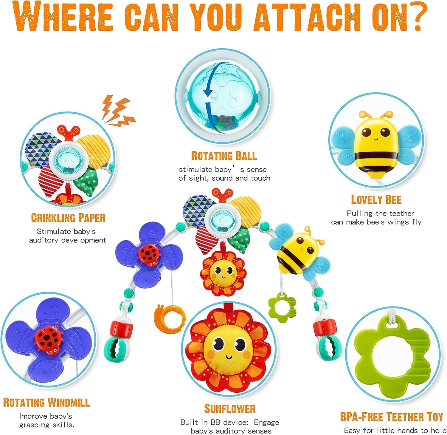Arco de Juego para Cochecito, Juguetes Sensoriales Educativo con Sonajero, Juguetes sensoriales de Cuna de Abeja, Plegable Juguetes de Viaje,para Sillita del Coche La Cuna