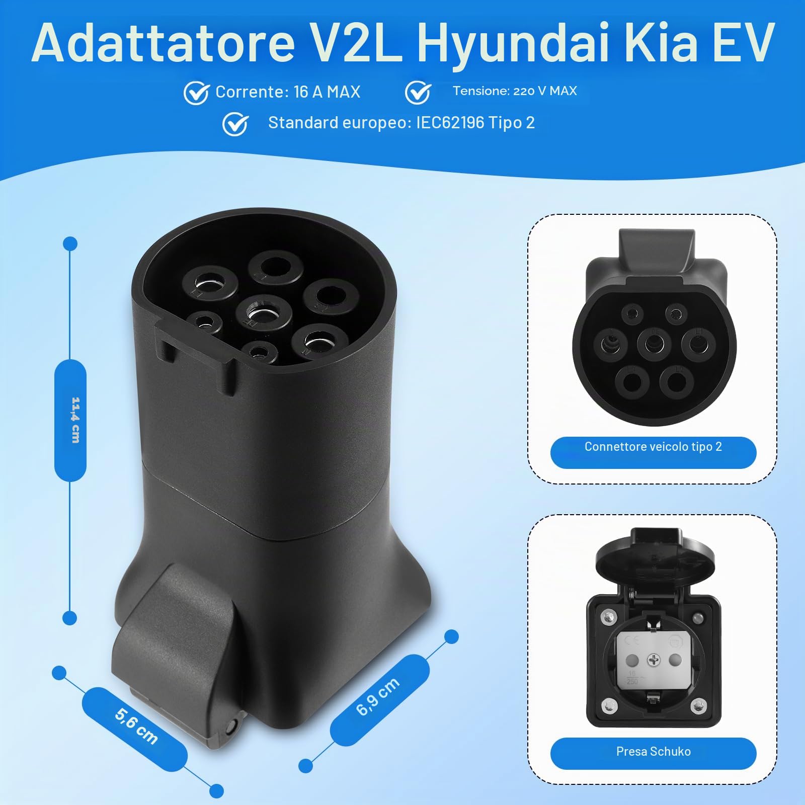 Adattatore di ricarica EV tipo 2 a presa Schuko – 3,5 kW 16 A 220 V – portatile e resistente IP44 – compatibile con veicoli elettrici con funzione V2L