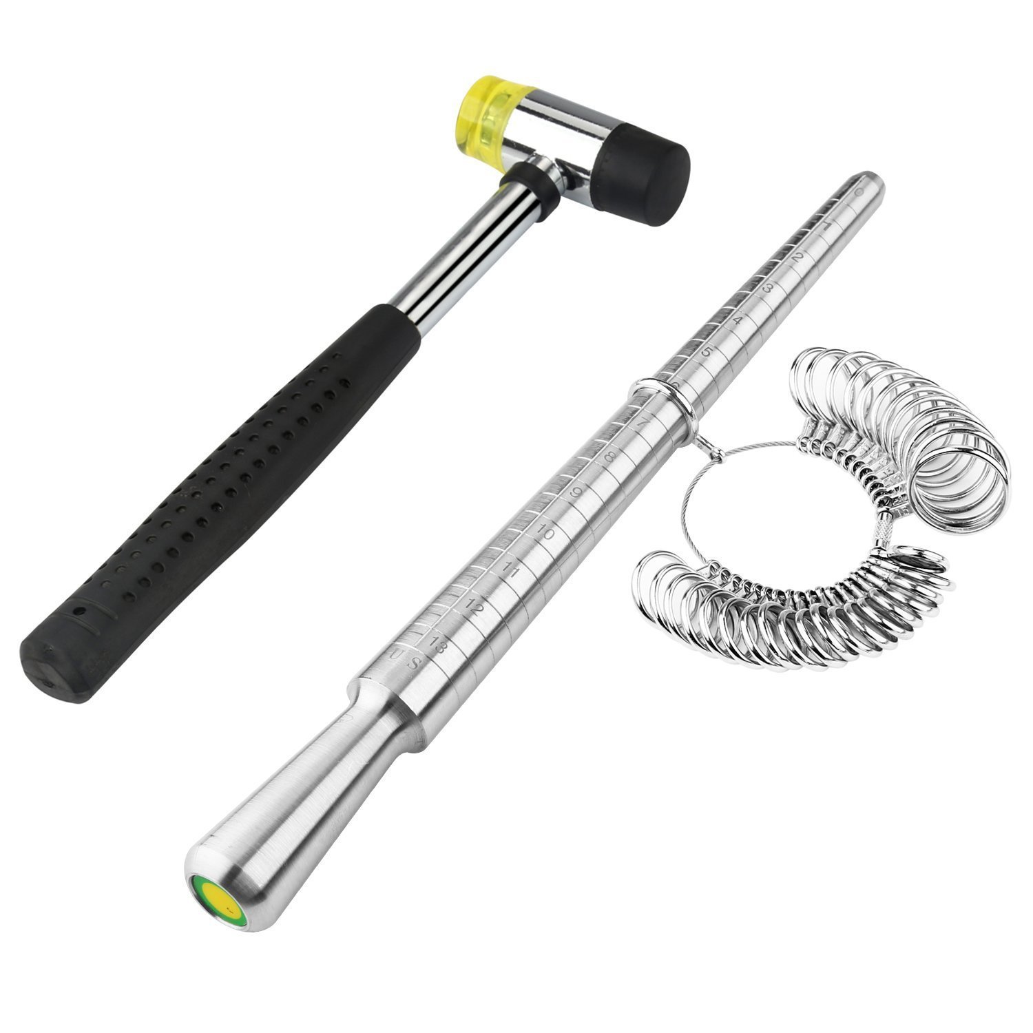 PHYHOO Rould Ring Mandrel Metal Ring Sizer Gauge Set with Jewelers Rubber Mallet Hammer Ring Measurement Tool Finger Sizing Size Measuring US Sizes 0-13 Steel Jewelry Making Tools