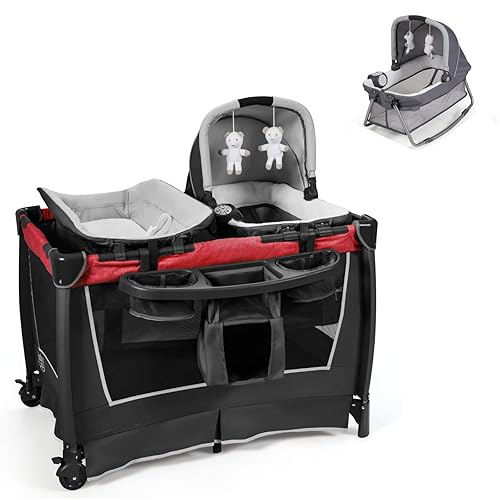 HONEY JOY Parque infantil con moisés y cambiador, moisés plegable 4 en 1 con ruedas con cerradura y caja de música, corralito portátil para niños