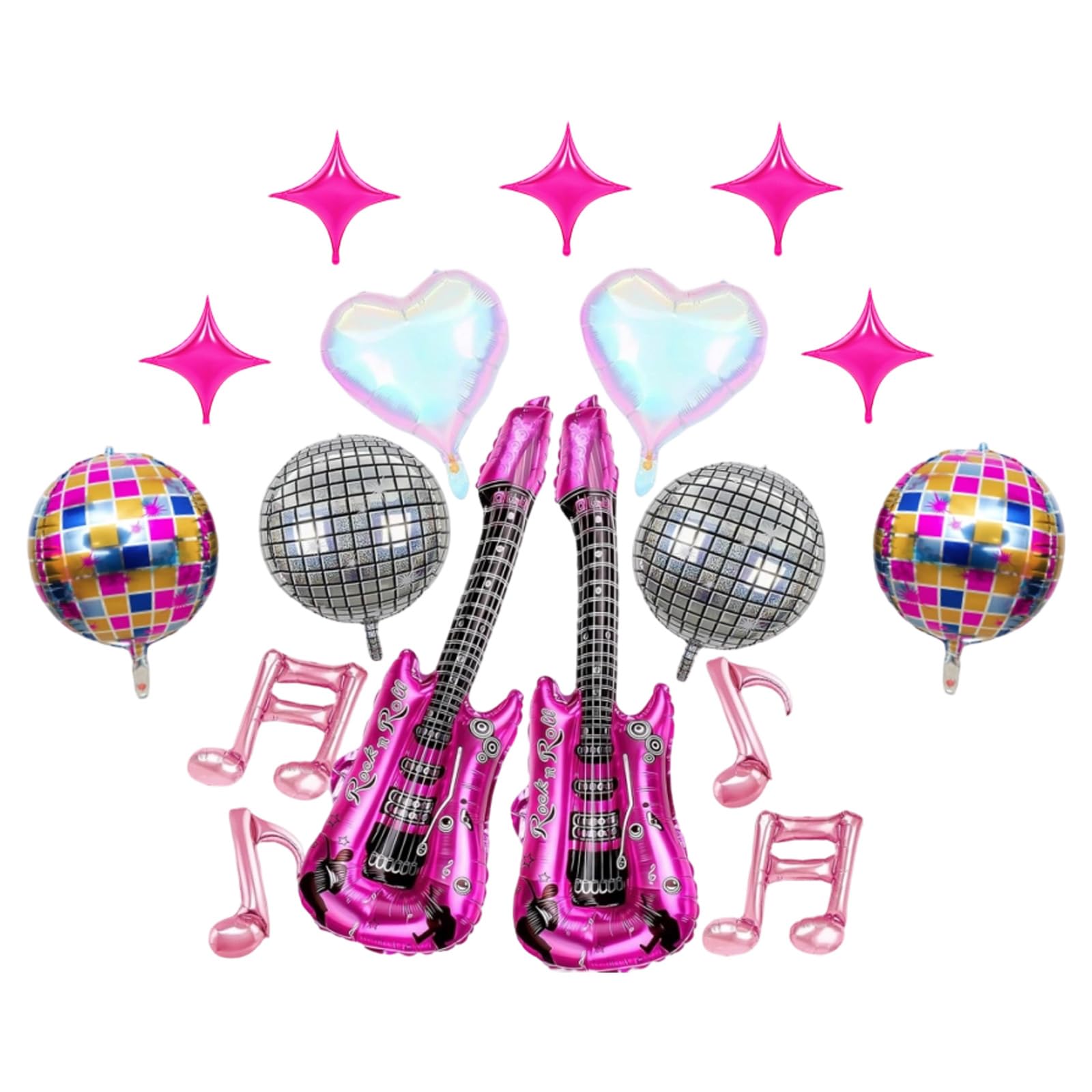 Disco Ball Balloons, Music Note Balloons Set of 17 Pieces, Disco Ball Decorations for Themed Parties, Inflatable Ball with Stars Hearts Guitars Notes Silver Purple Gold Designs