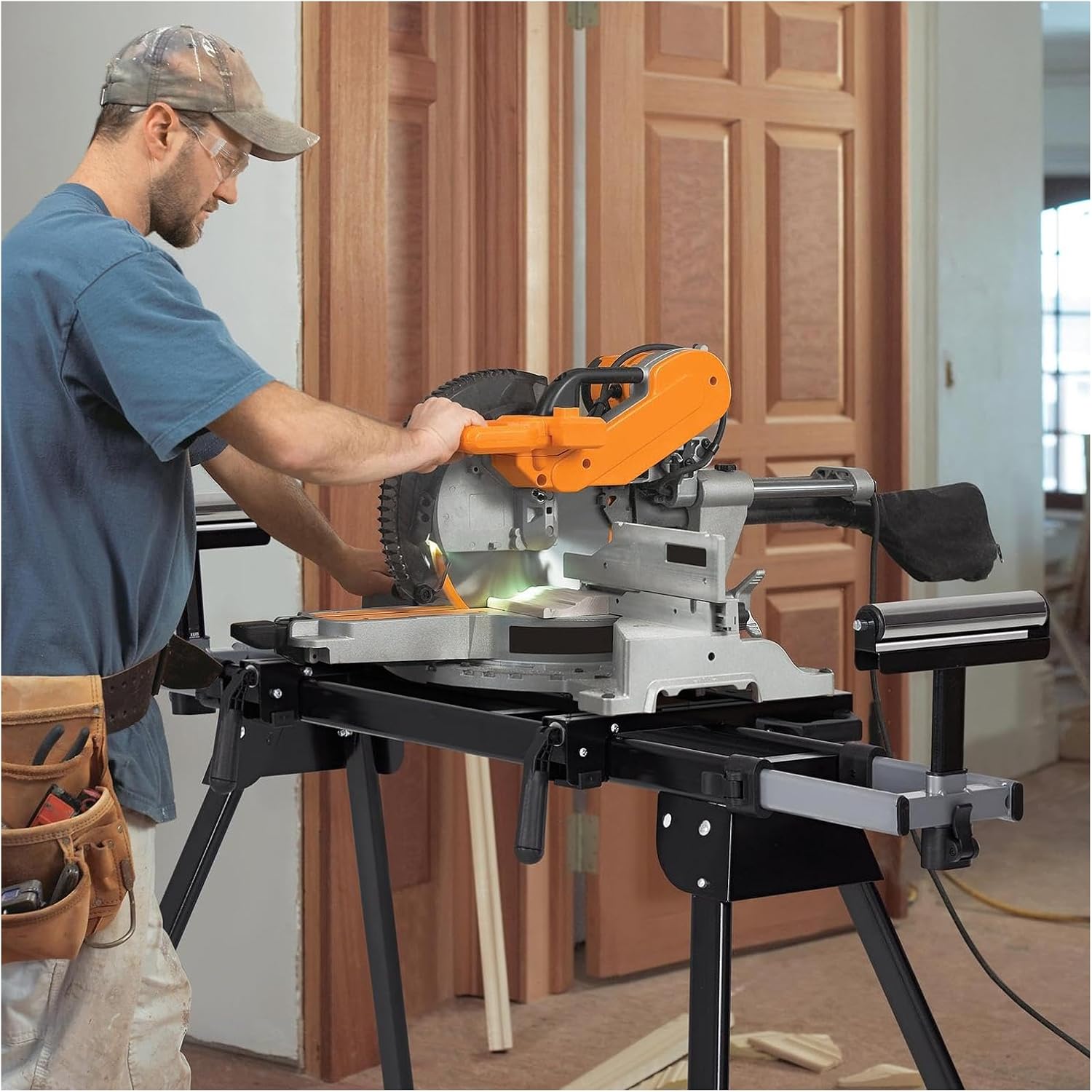 Portable Miter Saw Stand with 440lbs Load Capacity, 76-4/5'' Sliding, Lightweight Design, Quick Installation, Rollers for Accurate Cuts