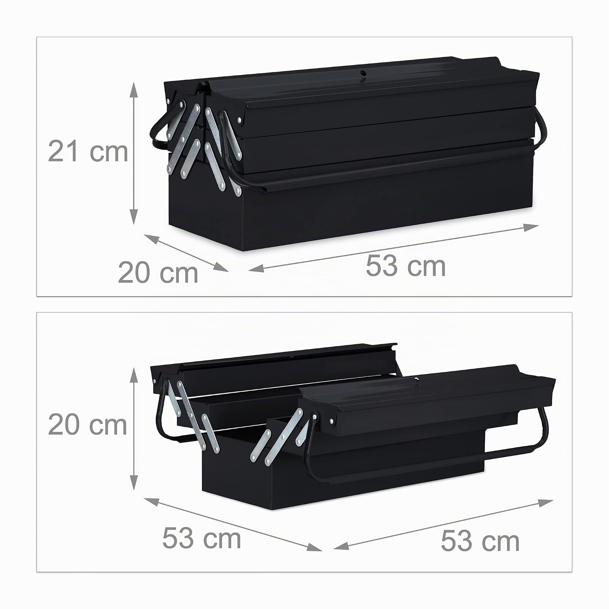 Relaxdays Cassetta Porta Attrezzi Vuota, 5 Scomparti, con Manici, in Metallo, Richiudibile, HLP: 21 x 53 x 20 cm, Nero