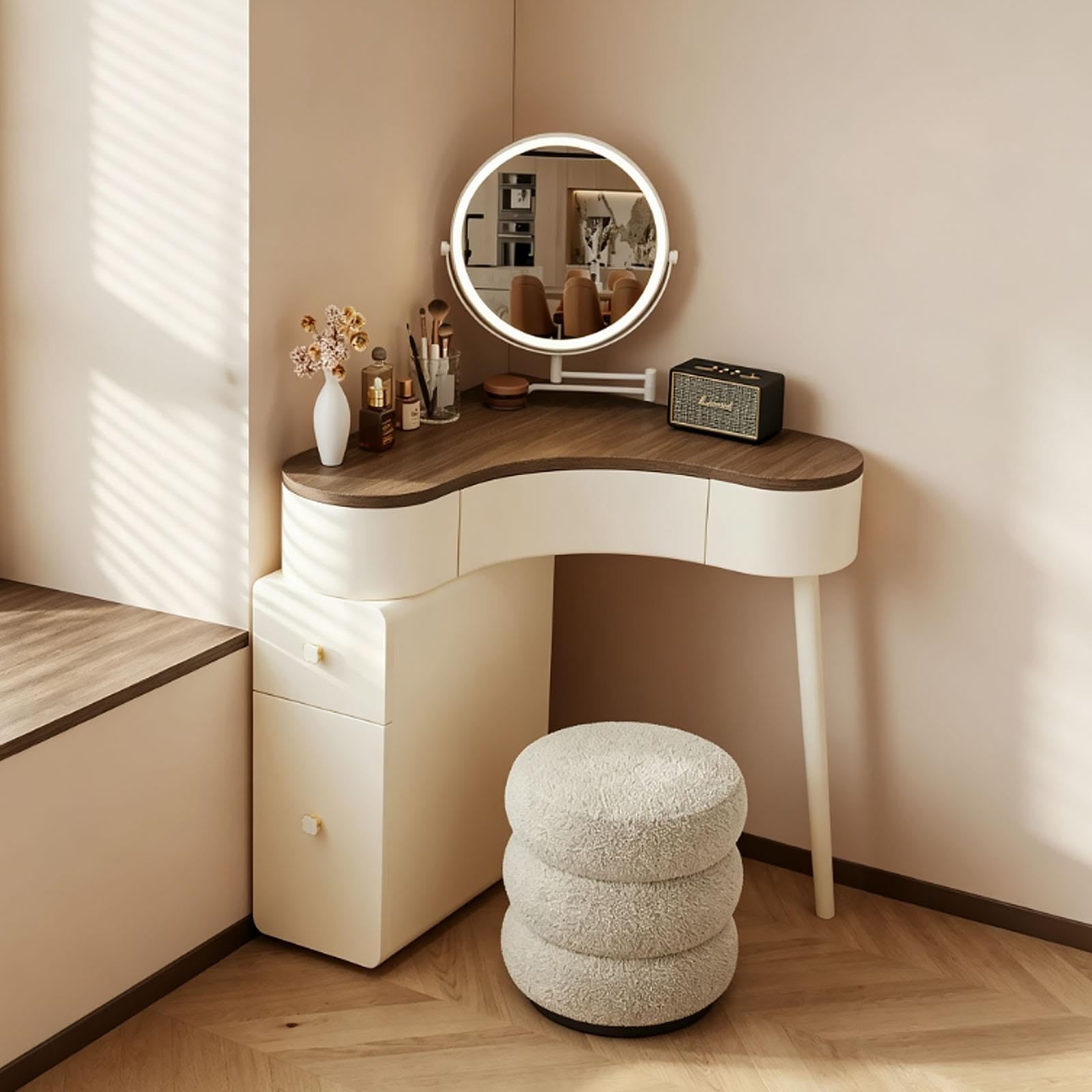 Petite Coiffeuse et Table de Maquillage d'angle avec Miroir, Tabouret