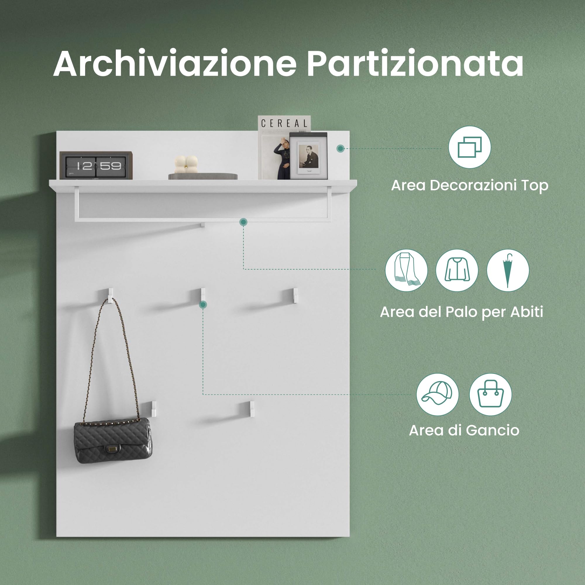 Mai & Mai Pannello Appendiabiti da Parete con Asta e 5 Appendiabiti, Mensola, Appendiabiti Guardaroba per Ingresso Corridoio, Bianco Opaco, Gabo-01