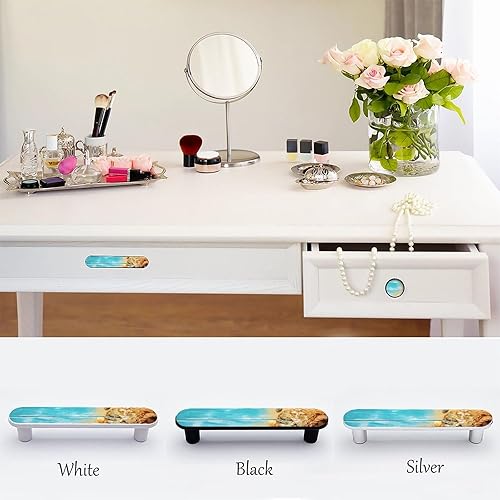 Miniatura 2 de Paquete de 4 tiradores de madera de conchas marinas, color azul arena, centro de agujeros de 3.75 pulgadas, manijas de gabinete blancas, tiradores