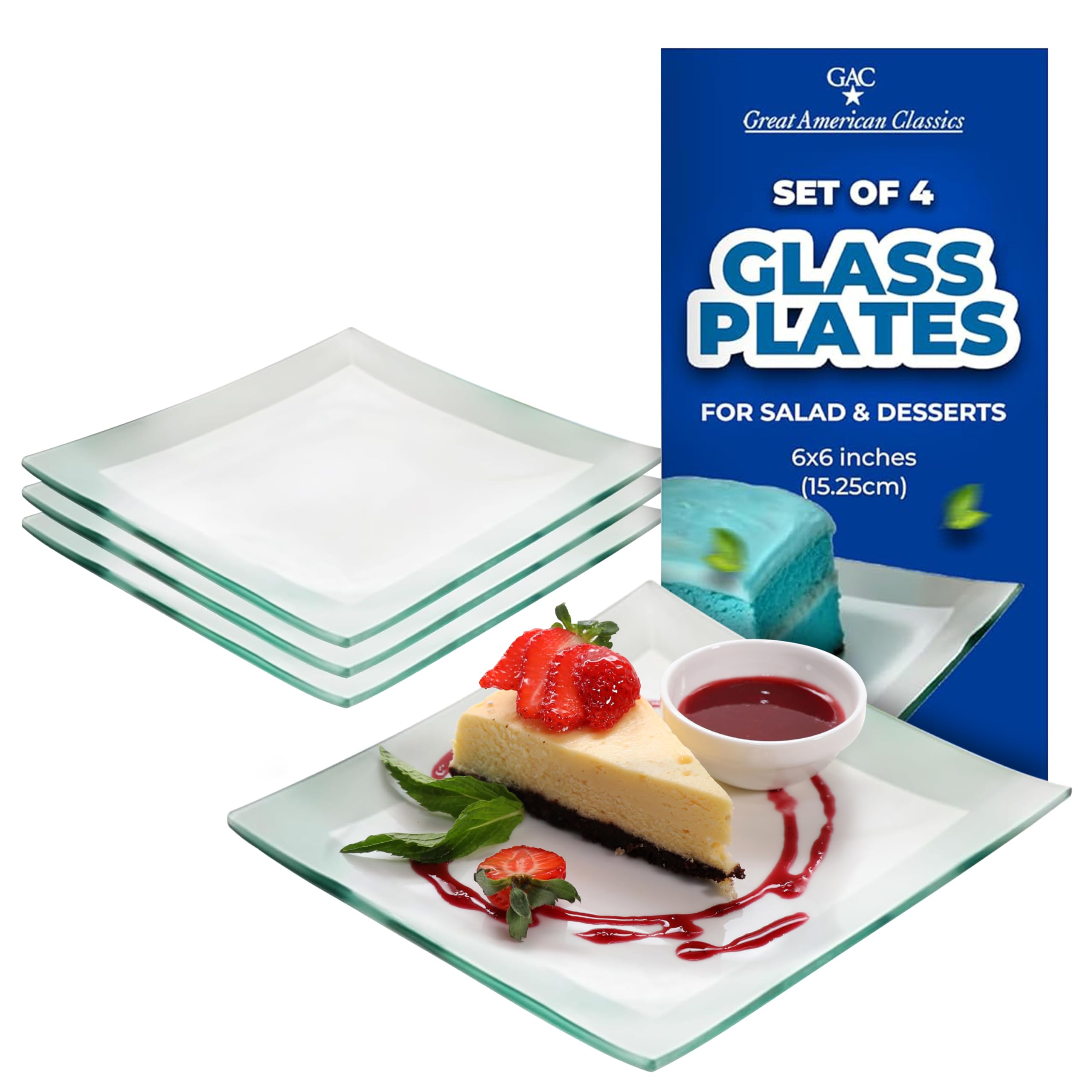 Tempered Glass Dessert Plates – 6 Inch Elegant Square Appetizer Plates, Modern Serving Dishes for Snacks, Salads & Sweets, Durable, Microwave & Dishwasher Safe – Set of 4, Silver