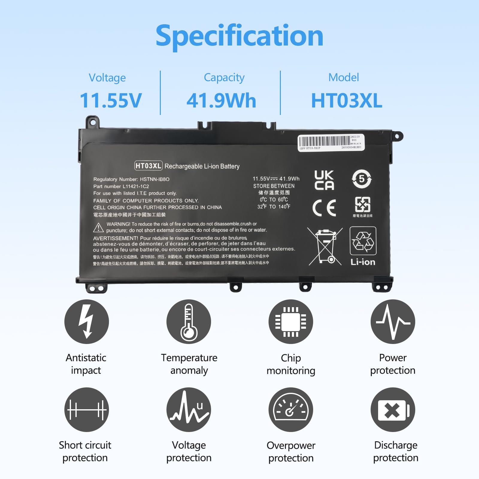 HT03XL L11119-855 Batteria per HP Pavilion 14-CE 14-CF 14-DF 15-CS 15-CW 15-DA 15-DB 15-DW 17-BY 17-CA Serie 15-DA0012DX 15-CS0064ST L
