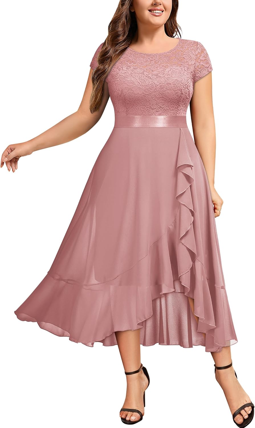 Miusol Women's Plus Size Ruffle Floral Lace Contrast Chiffon Formal Bridesmaid Party Cocktail Maxi Dress