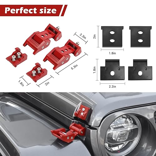 Miniatura 5 de RT-TCZ Kit de pestillos de capó para Wrangler compatible con Jeep Wrangler JK JL Gladiator JT, accesorios exteriores rojos, 2 piezas (3 agujeros)