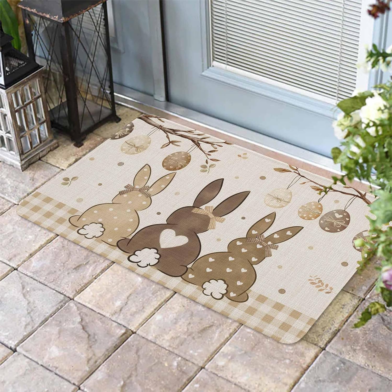 Door Mat Outside Easter Eggs Spring Bunny Tail Welcome Mats for Front Door, Khaki Buffalo Plaid Non Slip Indoor Outdoor Doormat, Low-Profile Floor Door Mats for Muddy Wet Shoes-20x32in